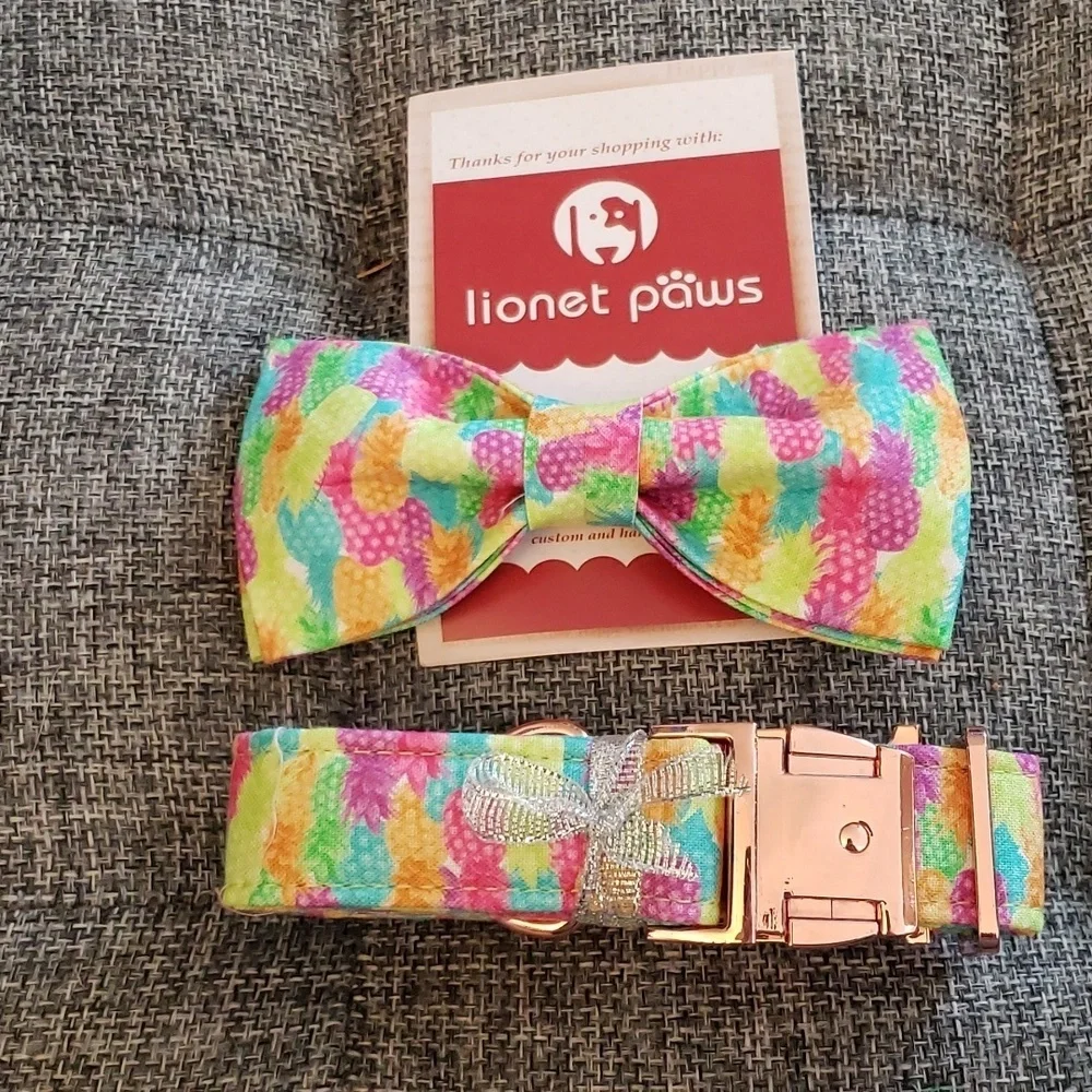 Lionet Paws Colorful Pineapple Dog Collar with Bowtie Size M